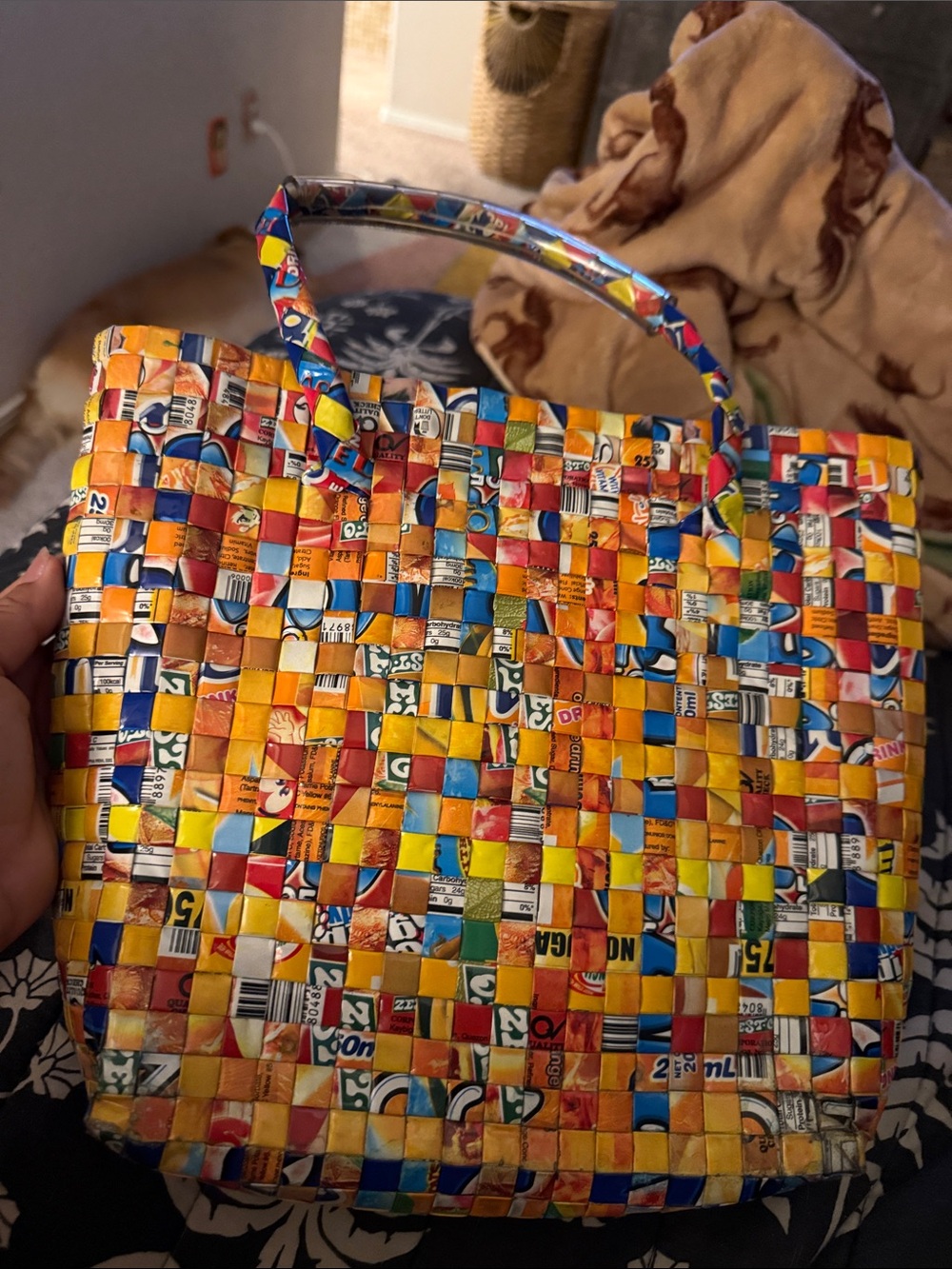 Woven Multi-Color Tote Bag made from food wrappers